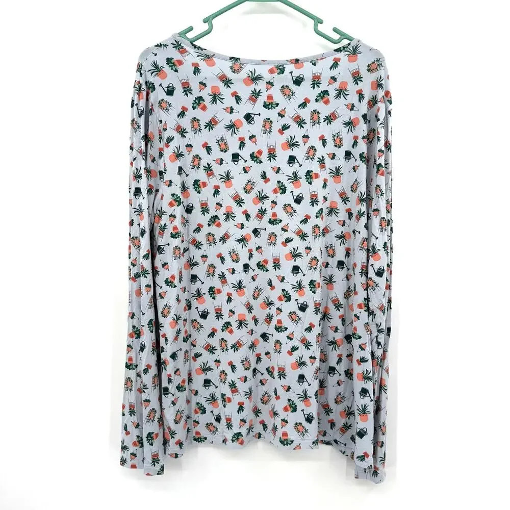 Duluth Trading Co Size XL Long Sleeve Blouse Top Shirt Henley Plants Blue Green - Picture 2 of 5